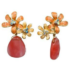 Earrings Vintage Inspired Floral Peach Enamel Iridescent AB Beads Clip On SK3175